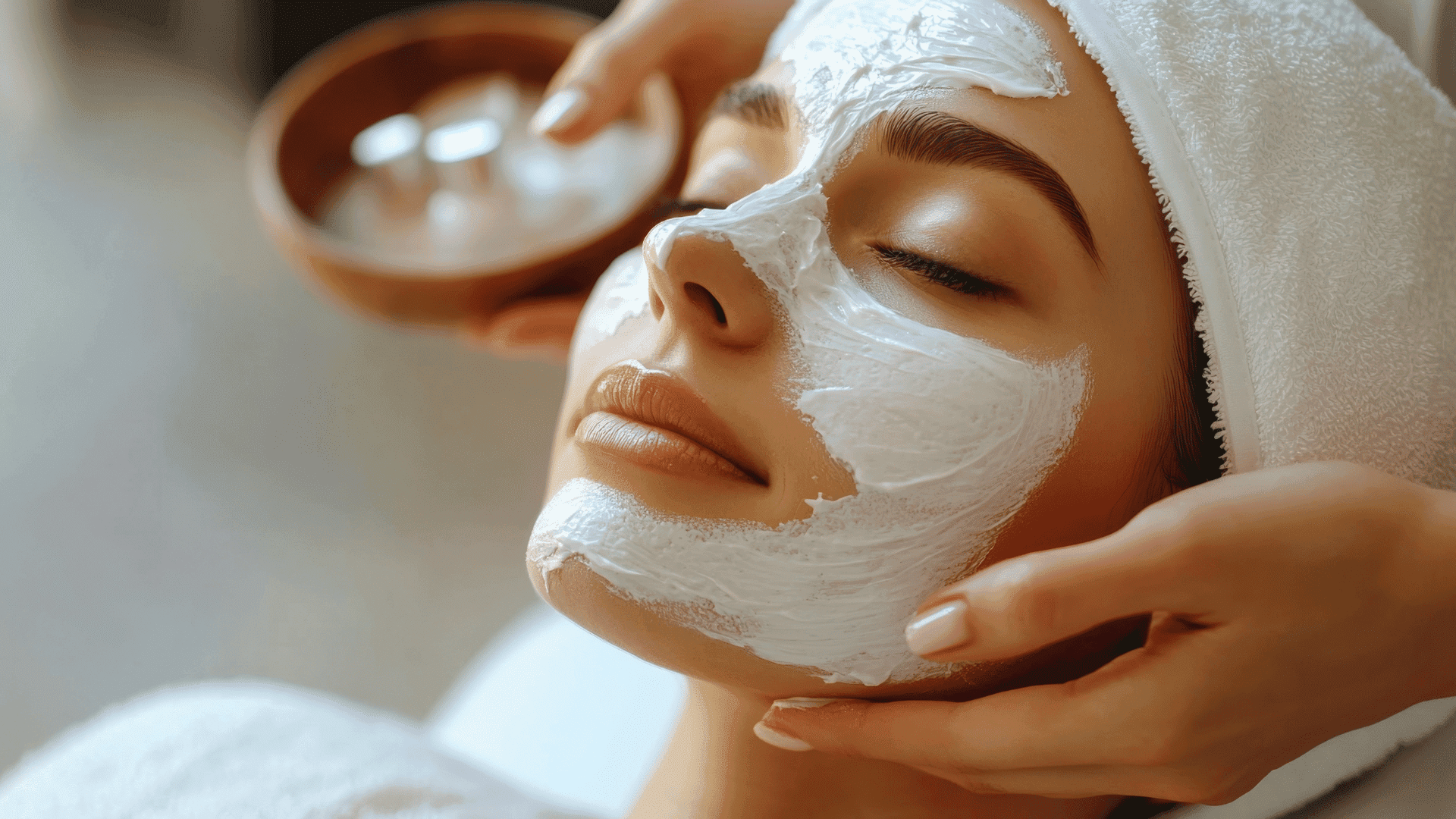 Woman receives relaxing facial treatment at spa, wrapped in towel with cream mask applied.